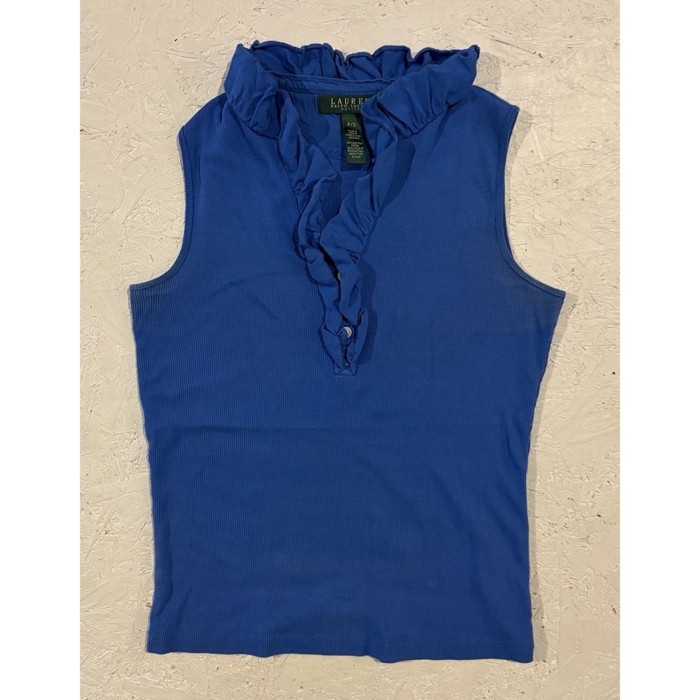 Lauren Ralph Lauren‎ Blouse Womens S Ruffle Short Sleeve Casual Top Blue Cotton